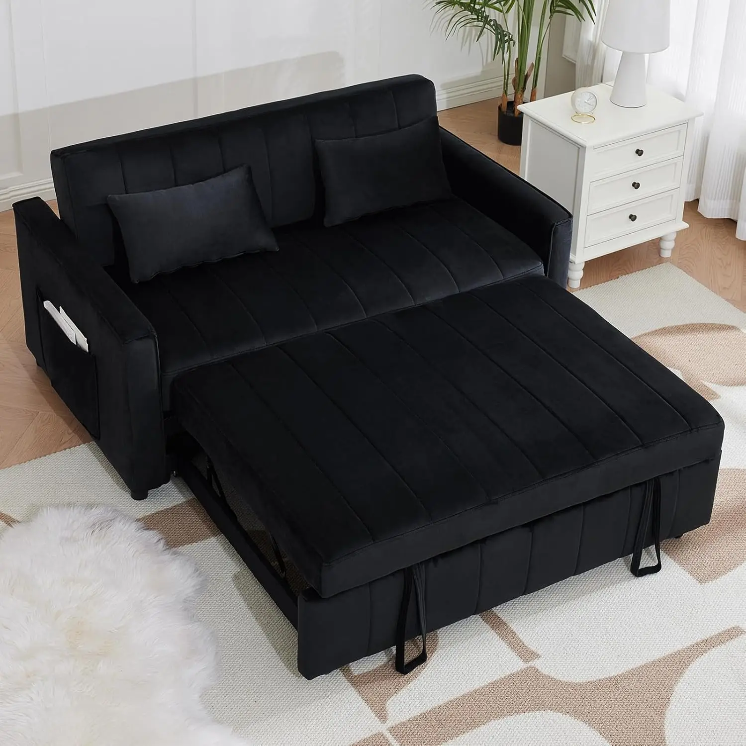 

55.51"" Small Loveseat Sleeper Sofa Bed Velvet Pull Out Couch Bed With Adjustable Backrest And Side Pockets For Living Room,