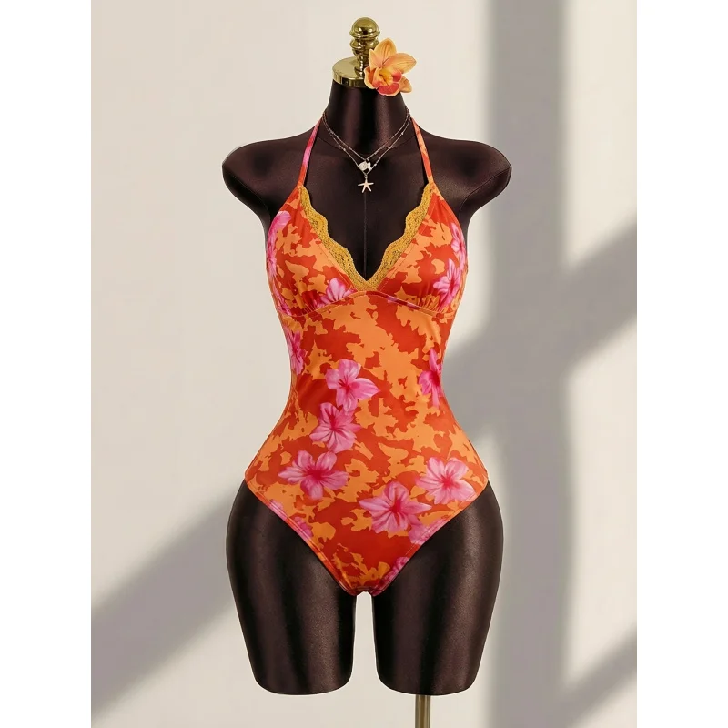 Women's Fashion Sexy Vacation Style Chest Pleated Lace Trim Spaghetti Strap Halter V-Neck Adjustable Tie-Back Bodysuit