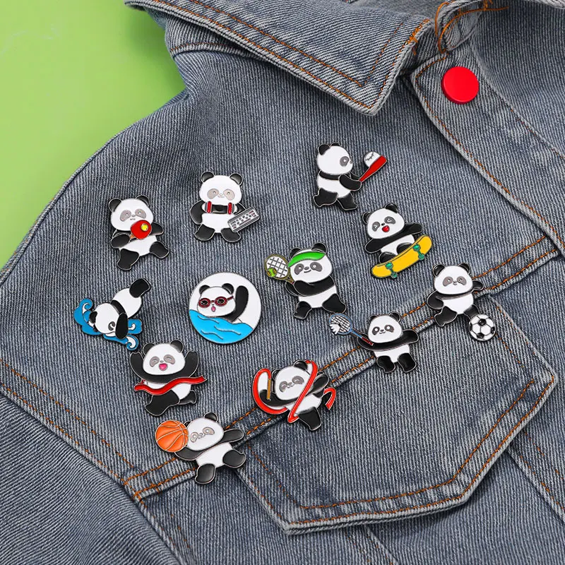 Cute Sports Panda Collection Enamel Brooches Playing Basketball Football Tennis Swimming Diving Weightlifting Pins