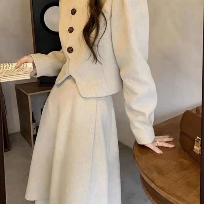Temperament Fashion Woolen Coat Irregular Skirt Two-piece Set Lady O-neck Single Breasted Sweet Celebrity Solid Slim Winter Suit