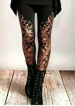 Women's Mid Waist Fleece Lined Leggings Vintage Paisley Print Mesh Splicing Slim Fit Stretch Long Pants