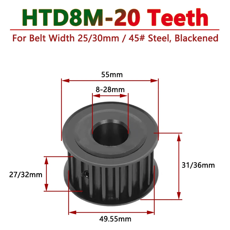 

1pc 20 Teeth HTD8M Steel Timing Pulley 20T 8M Drive Synchronous Wheel for Belt Width 25mm 30mm Bore 8/10/12/12.7-28mm Pitch 8mm