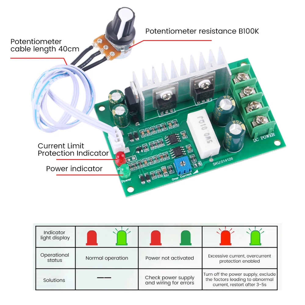 PWM DC Motor Speed Regulator DC10V-40V 10A Adjustable Controller Overcurrent Overload Locked Rotor Protector