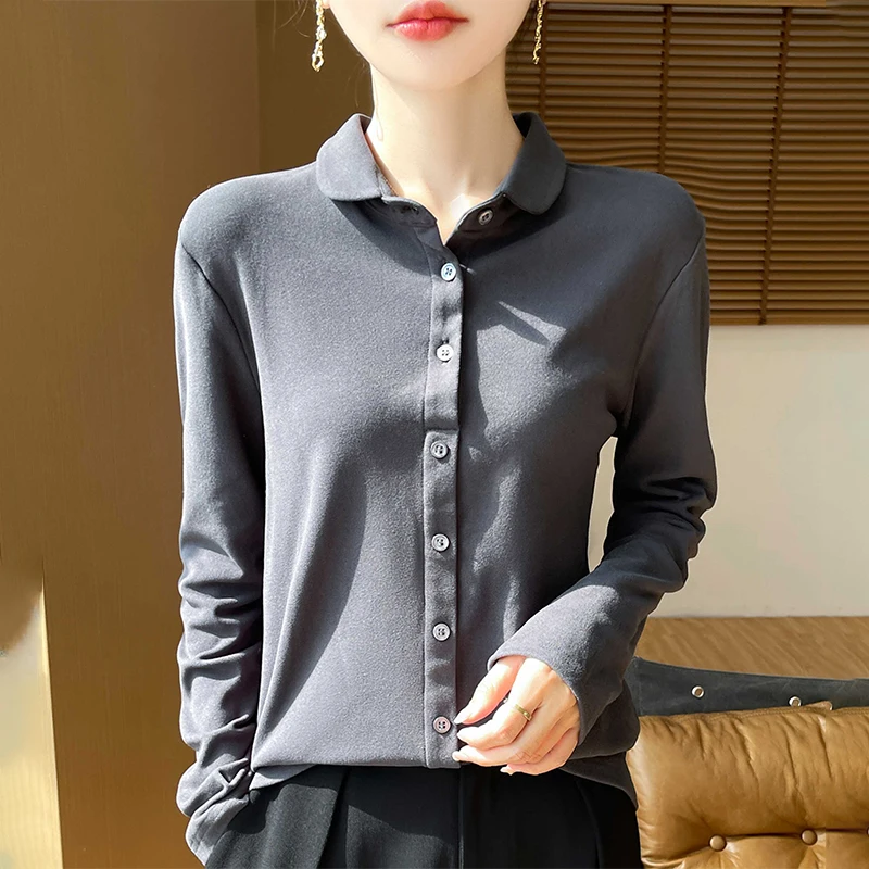 Autumn/Winter Women's Dralon Fabric Polo Collar Long sleeved Shirt Temperament Loose Fashion Solid Half Cardigan Versatile Tops