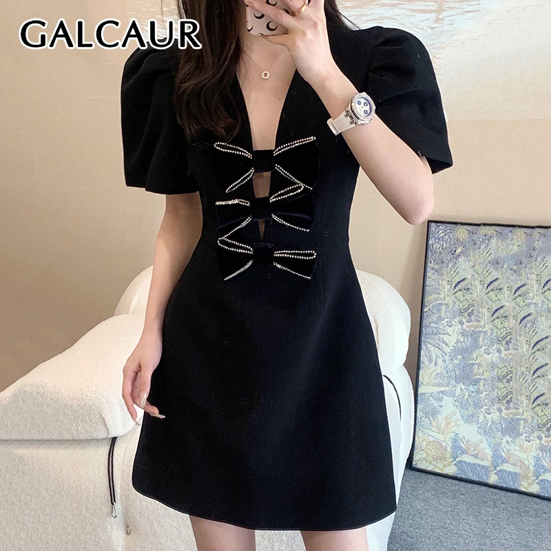 

GALCAUR Black Color Spliced Bowknots Dress For Women V Neck Patchwork Zipper Short Sleeve Slimming Party Mini Dresses Female New