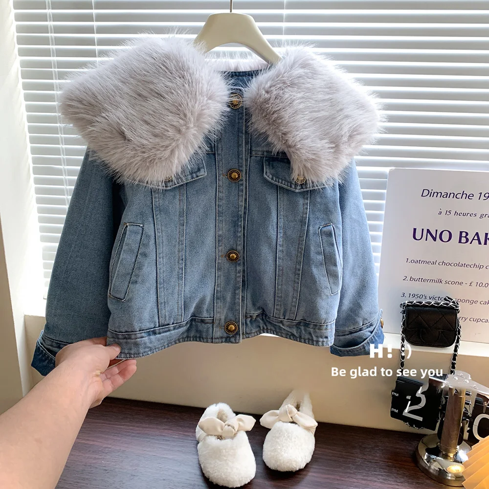 

Thick Warm Kids Girls Denim Coat Winter Korean Fluffy Fur Collar Jean Jackets Velvet Parkas Outerwear Children Clothes Overcoat