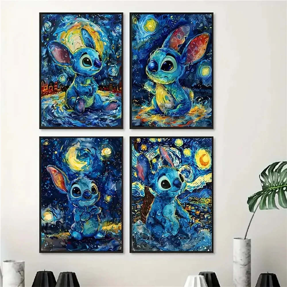 MINISO Disney Movie Canvas Poster Anime Lilo Stitch The Starry Night Wall Art Prints and Poster Corridor Wall Decor Paintings