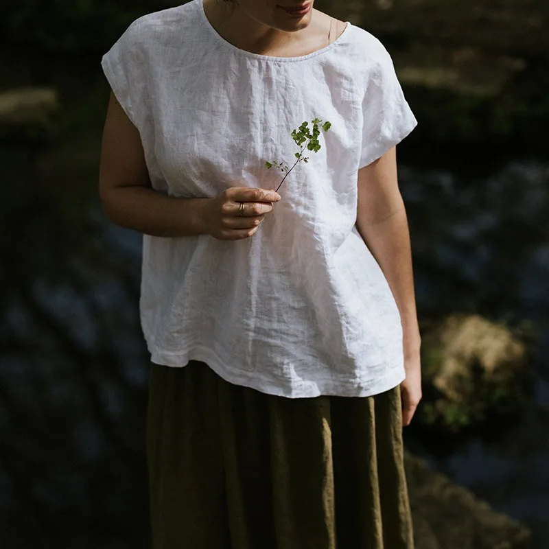 Vintage Summer Newly 100% Linen Short Sleeve White Shirts Women'S Single Breasted O-neck Before And After Two Wear Casual Tops