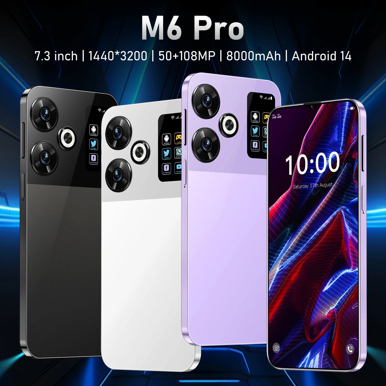 

Смартфон M6 Pro, телефон с экраном 7,3 дюйма, Snapdragon 8gen3, 22 ГБ + телефон, мобильный телефон с двумя SIM-картами, 8000 мАч, Android 14, разблокированный телефон