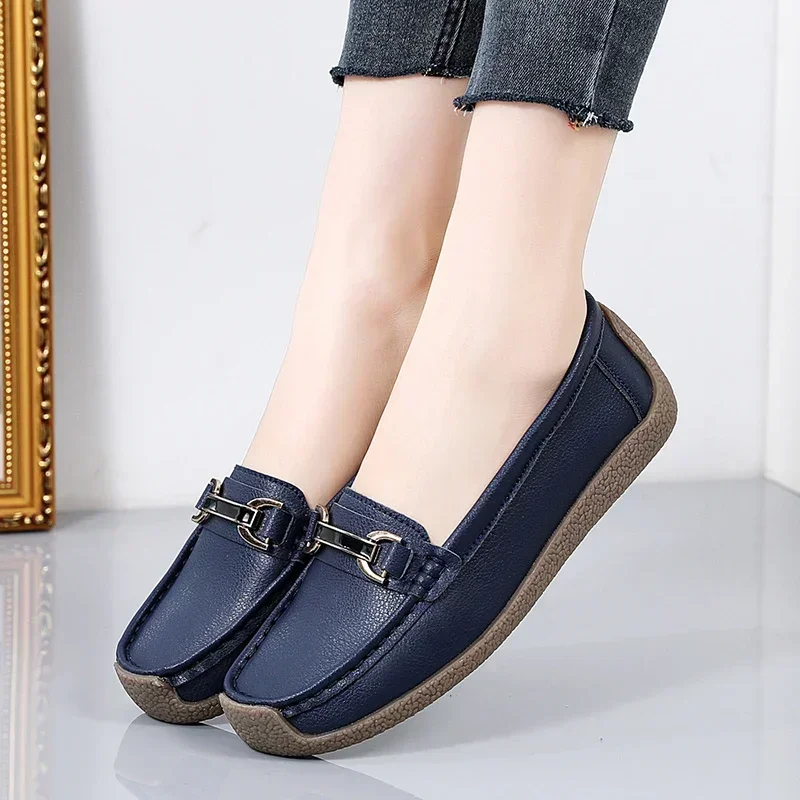 2024 New Spring /summer Women Flats Genuine Leather Moccasins Woman Casual Shoes Slip-on Loafers Female Boat Big Size Shoes