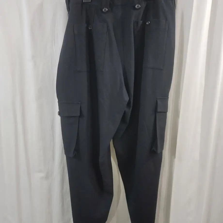TOP-YAMAMOTO ® Workwear-style high-waisted ankle-revealing casual pants for women in black with multiple pockets and elastic wai