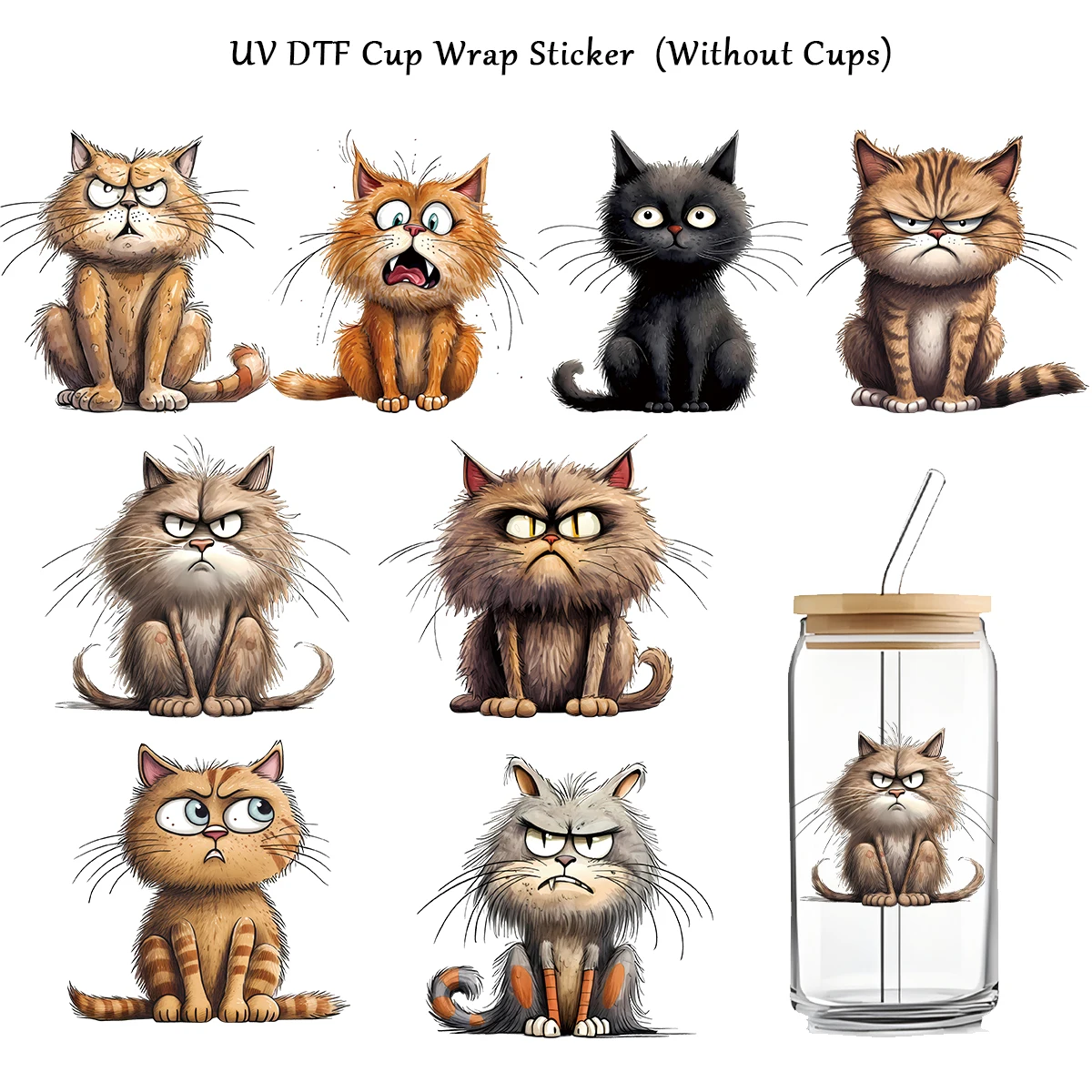 8 Stück lustige Katze UV-Transfers Aufkleber, DIY personal isierte Glas becher wasserdichte selbst klebende Aufkleber, Geburtstag Dekoration Geschenk Aufkleber