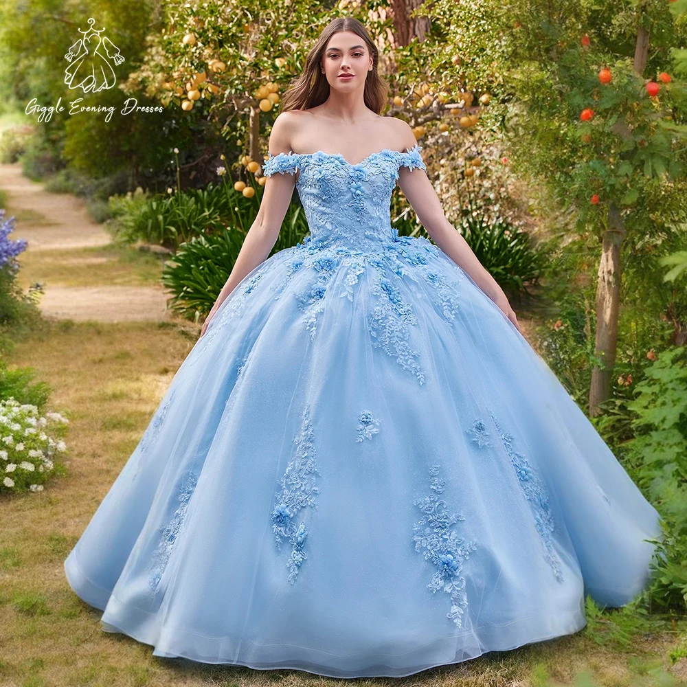 

Giggle Blue Sweet 15 Quinceanera Dress Off Shoulder Puffy Ball Gown Floral Beaded Princess Party Gown 15 Años Dresses Customized