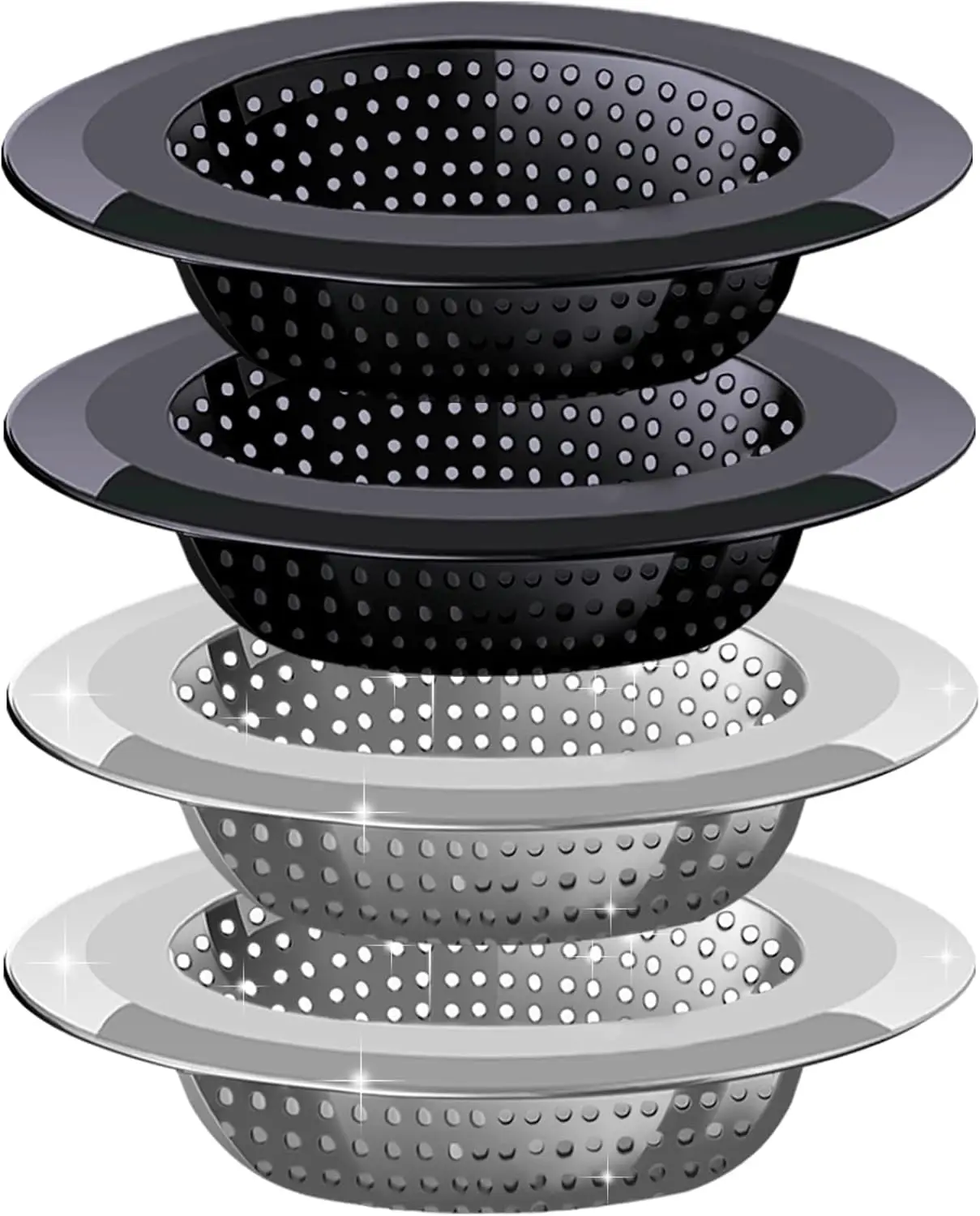 Colador de drenaje para fregadero de cocina, paquete de 4 coladores de fregadero de malla negra y acero inoxidable para cocina con borde ancho grande de 4,5 pulgadas de diámetro,