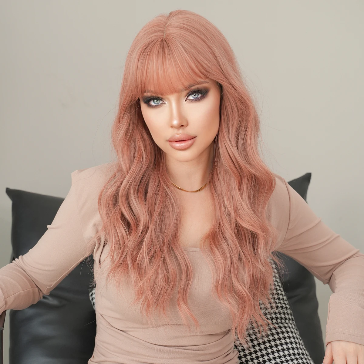 7JHH WIGS Costume Wig Long Loose Water Wave Pink Wig for Women Daily Party High Density Synthetic Layered Wavy Wigs with Bangs