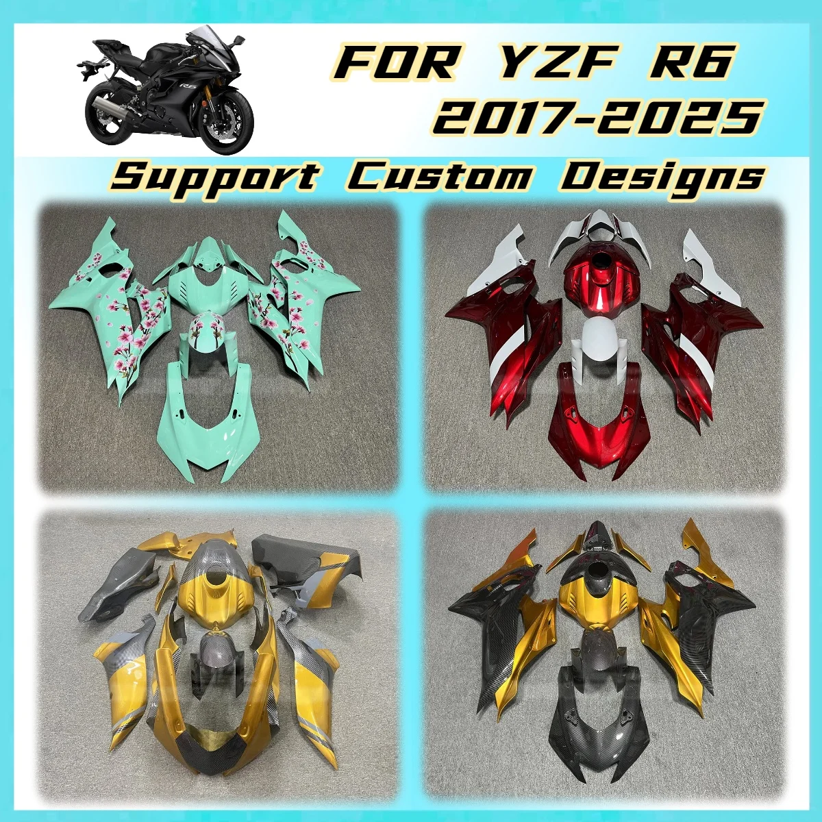 Комплект обтекателей Custom Colors Fairings для мотоцикла Yamaha YZF R6 2017-2025, изготовленный методом литья под давлением