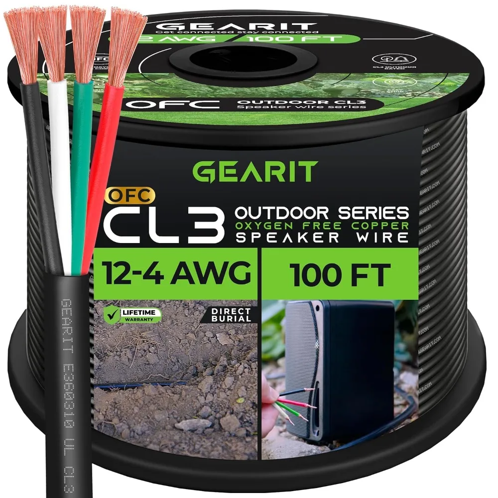 12/4 Speaker Wire (100 Feet) 12AWG Gauge, Black 4-Conductors/Outdoor Direct Burial in Ground/in Wall / CL3 CL2 Rated