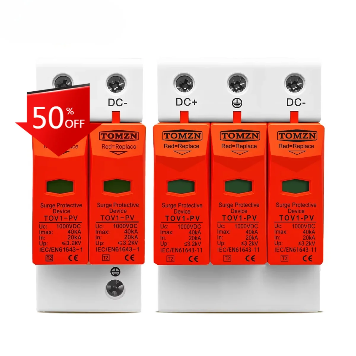 T2 OBO Standard DC Surge Protective Device TOMZN TOV1-PV SPD 1000/1200/1500V 10-20/20-40kA Home PV Lightning Protection Arrester