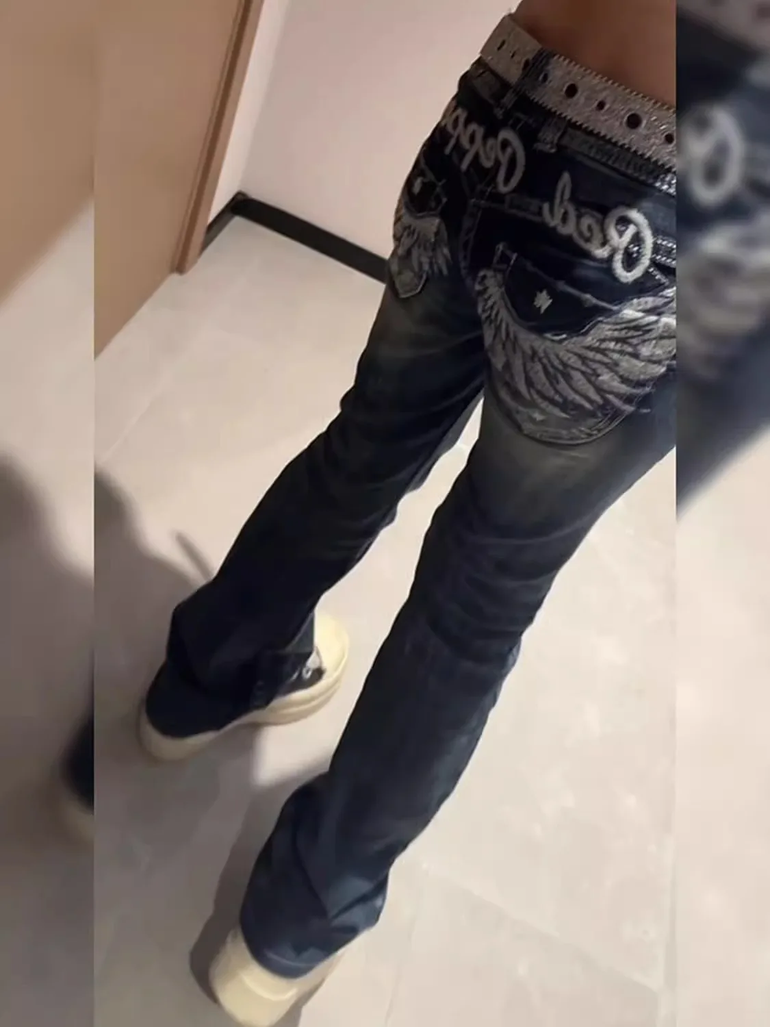 American New Retro Pocket Wing Embroidery Jeans Y2K Sexy Girls Low Waisted Pants Women Street Hip Hop Harajuku Gothic Punk Jeans