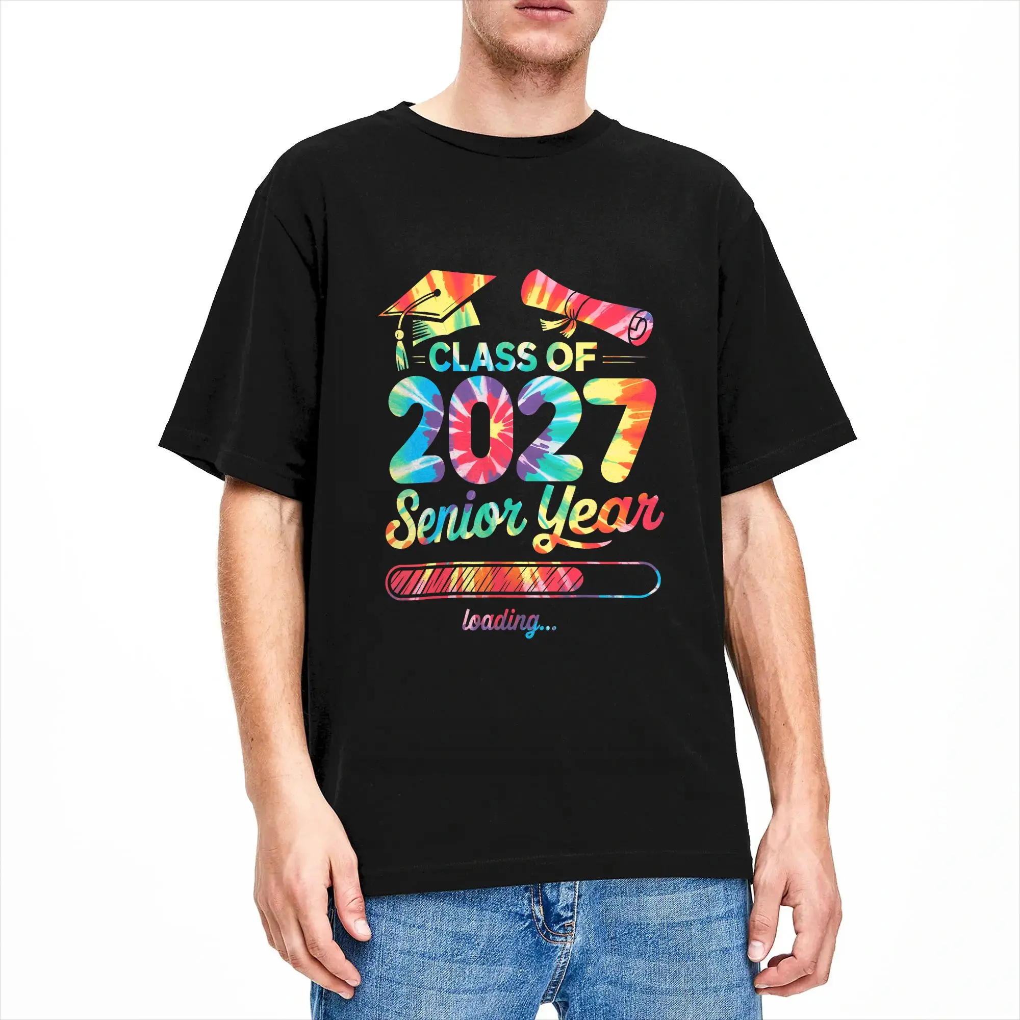 Mens T Shirt Class of 2027 Senior Year Loading Tie Dye Senior Grad 2027 T Shirts Hip Hop  Summer Tee Shirt Streetwear Tops
