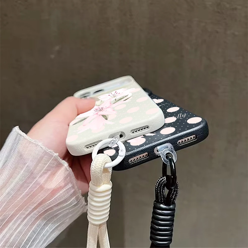 Retro Pink Polka Dot Flower With Lanyard Soft Leather Phone Case For iPhone 17 Pro Max 17 Air 16 14 15 11 12 13 16 Pro XR Cover view 6