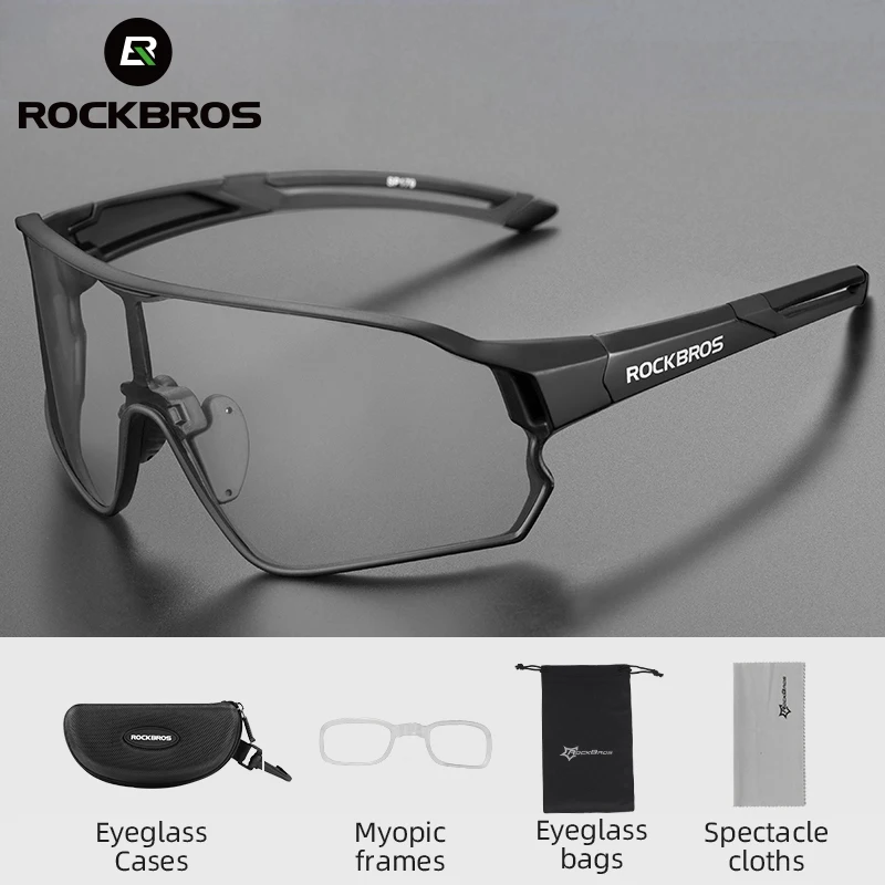 ROCKBROS-남녀공용 Photochromic 사이클링 안경, 선글라스 조절식 UV400 고글 대형 프레임 스포츠 안경