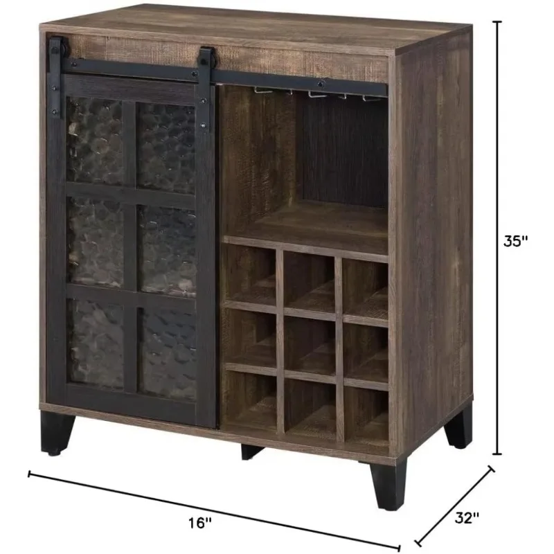 Ndustrial Bar Cabinet with Blurred Glass Sliding Barn Doors, Wine and Tall Glass Holders, Accent Buffet Sideboard Kitchen Table