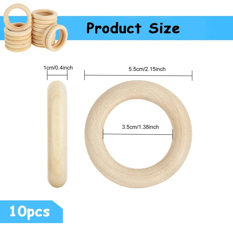 10pcs 55mm Unfinished Wooden Rings for Crafts, Natural Solid Wood Rings for DIY Projects, Macrame and Jewelry Crafting Making