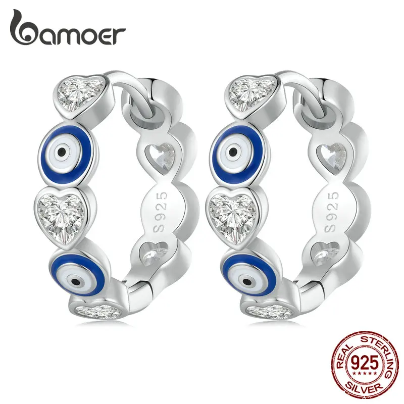 Bamoer 925 Sterling Silver Blue Evil Eye Ear Buckles Heart-shaped Zircon Hoop Earrings for Women Gift Fine Jewelry BSE806