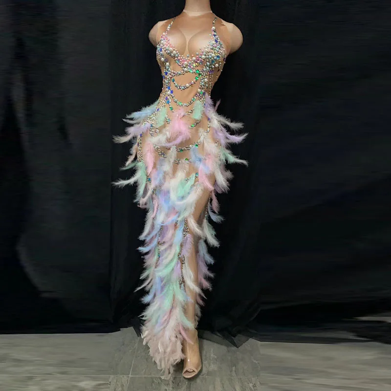 Feather Diamond Stage Adult Performance Dress Shining Colorful Glitter Sexy Split Dress Celebrating Birthday Party Dress