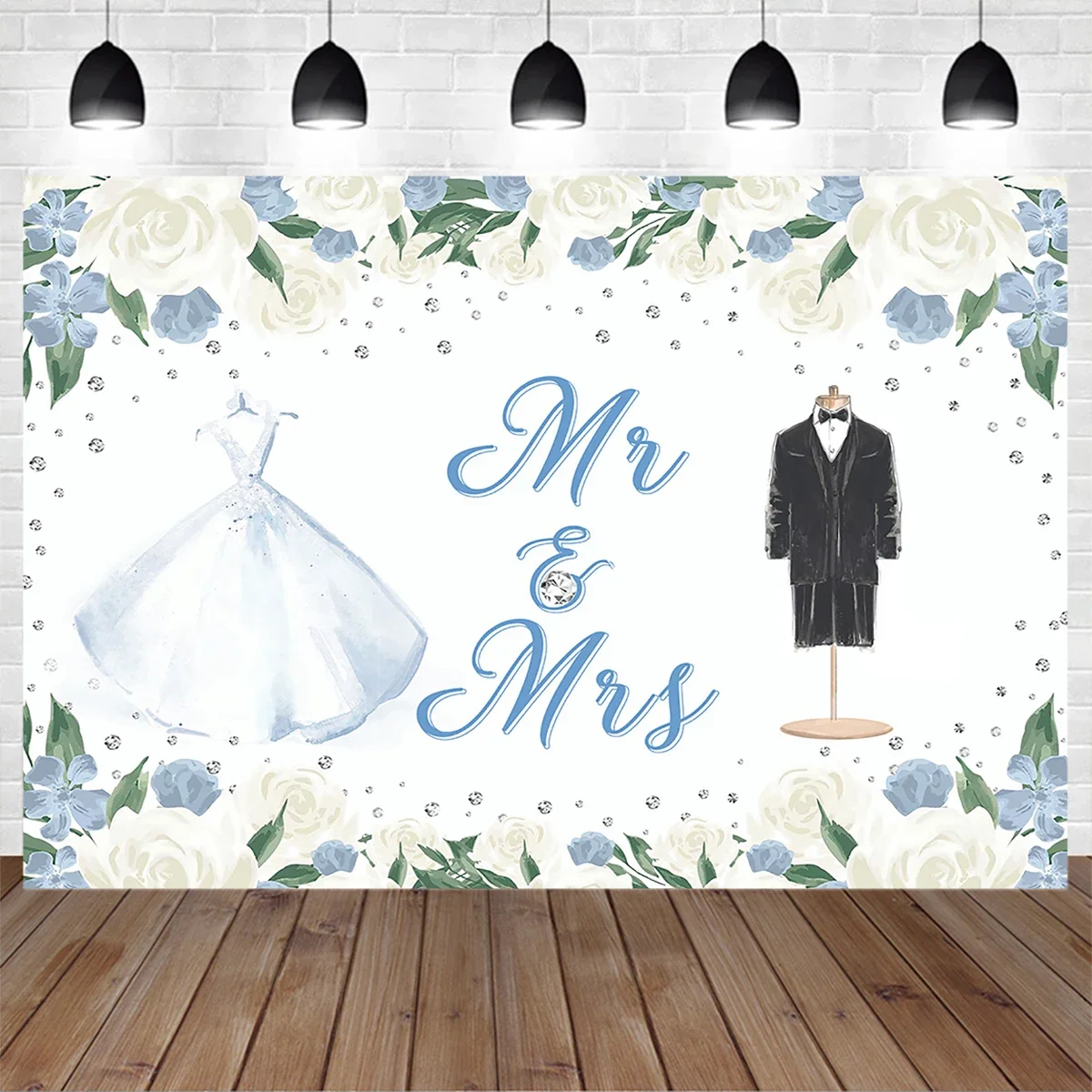 Baby Gender Reveal Party Decoration Backdrop Mr or Miss White Dress Suit Tuxedoes Diamond Flower Background Children Birthday