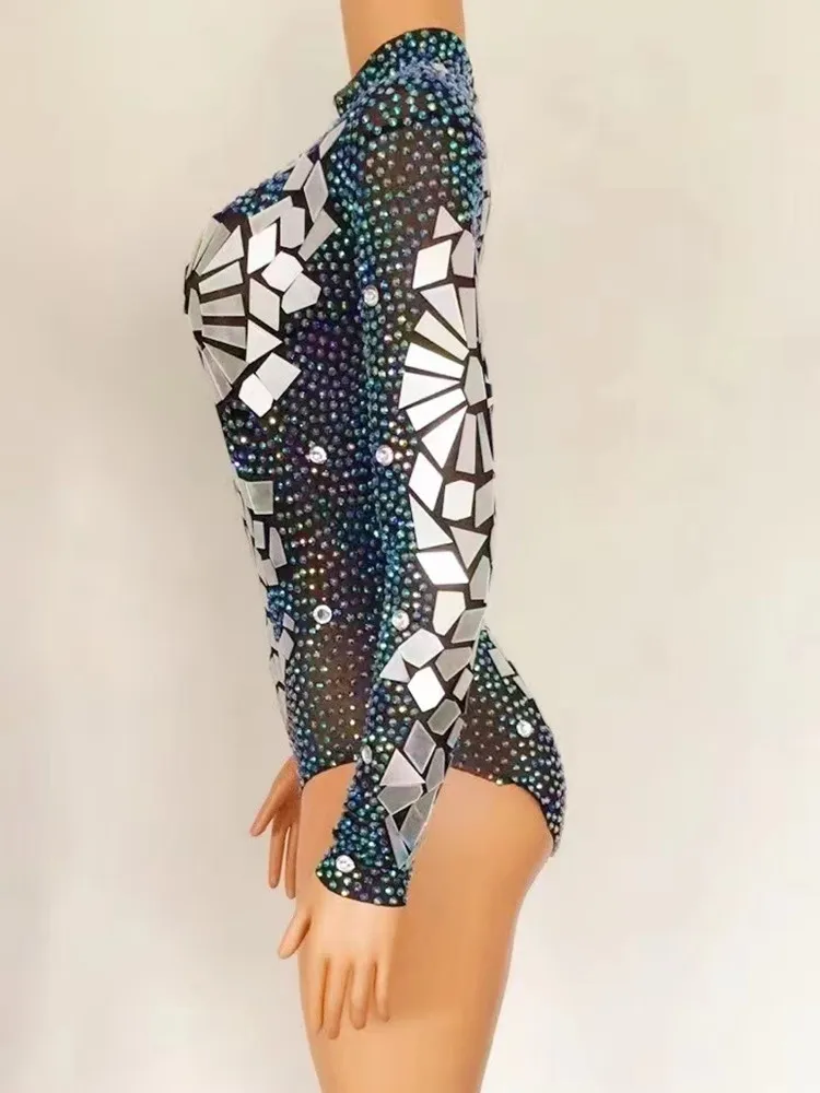 Silber Strass Spiegel Spiegel Trikot Bar Nachtclub Bühne Kristall Bodysuit Performance Kostüm Frauen Geburtstag feiern Party Outfit