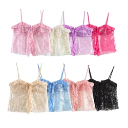 Zevity 2024 Women Chic Pleat Ruffles Sequined Design Chiffon Sling Camis Tank Lady Backless Short Crop Shirt Blouse Tops LS7195