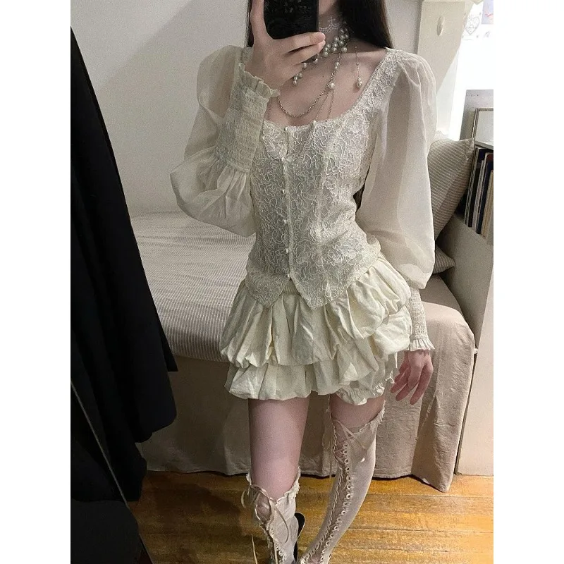 French Retro Court Temperament Heavy Industry Long Sleeve Bubble Sleeve Shirt Top High Waist Culottes Women's Two-piece Set