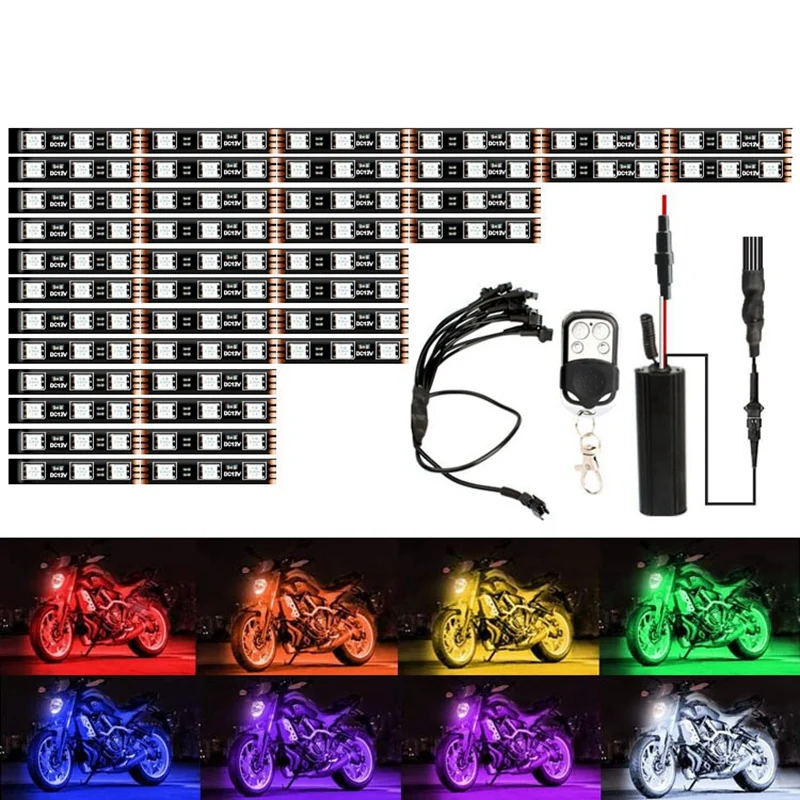 แถบไฟสร้างบรรยากาศสำหรับรถมอเตอร์ไซค์12ชิ้นแถบไฟสีสันสดใสไฟ LED RGB เรืองแสงนีออนพร้อมรีโมท