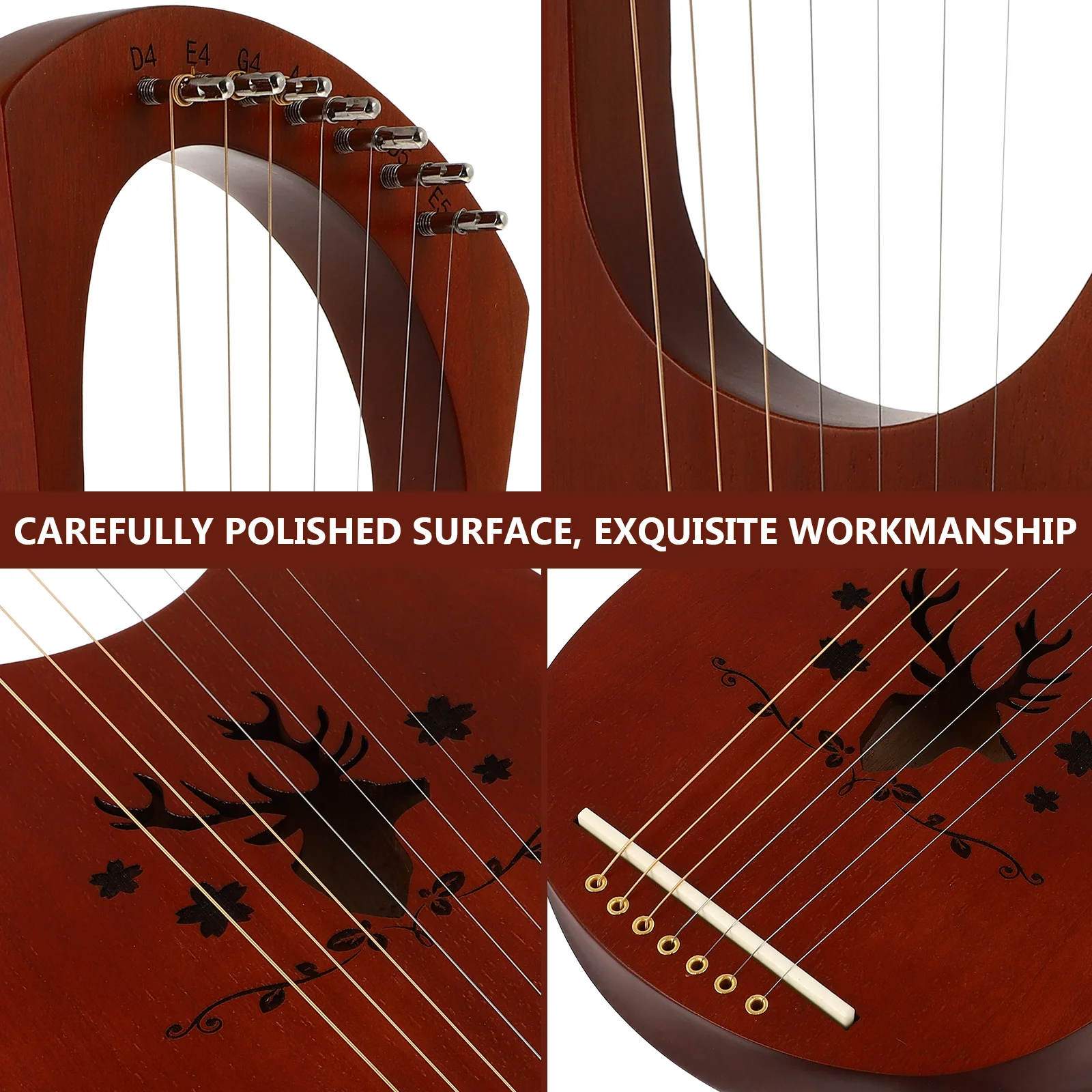 

1Set Wood Harp Ancient Style 7 String Lyre Harp Handheld String Instrument Durable Strings Tuning Rod Extra Picks Included