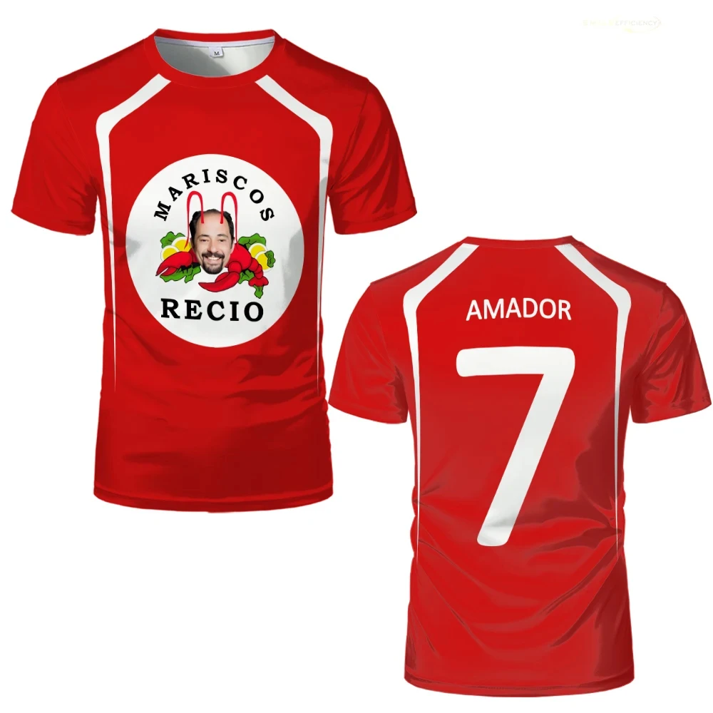 Camiseta de fútbol impresa en 3D fresca y humorística de verano para hombres y mujeres, camiseta de Mariscos Recio transpirable y de secado rápido