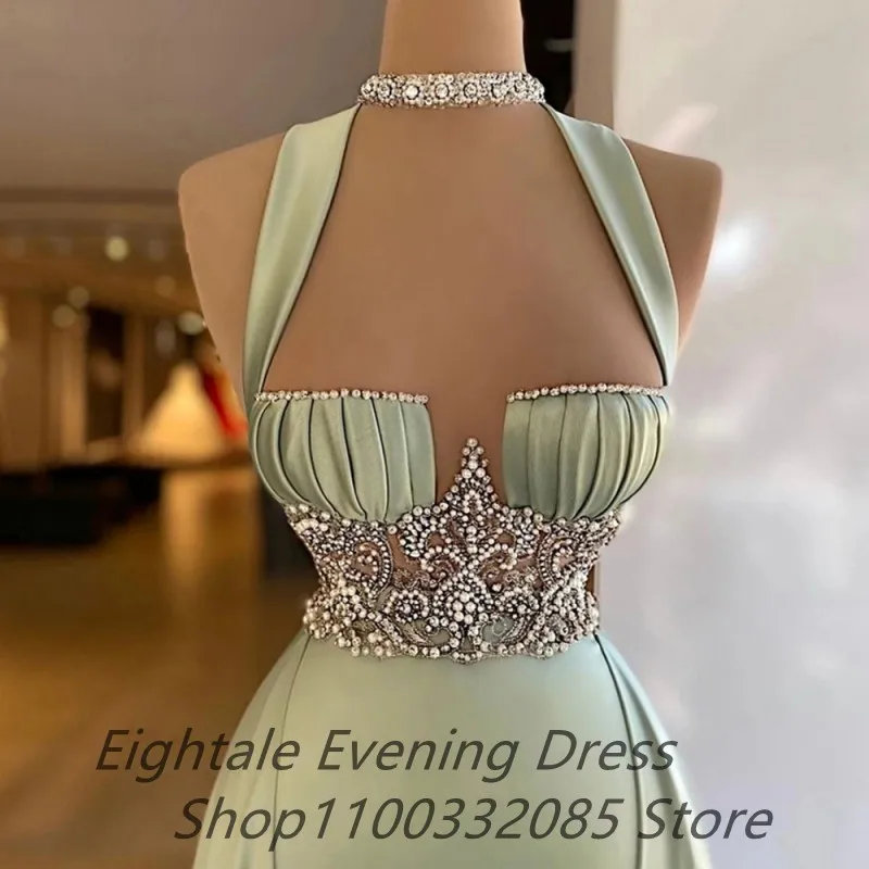 Customized Sage Green Mermaid Prom Dress Luxury Beaded Pearls Halter Neck Party Pageant Gowns Long Evening Dresses New Arrival