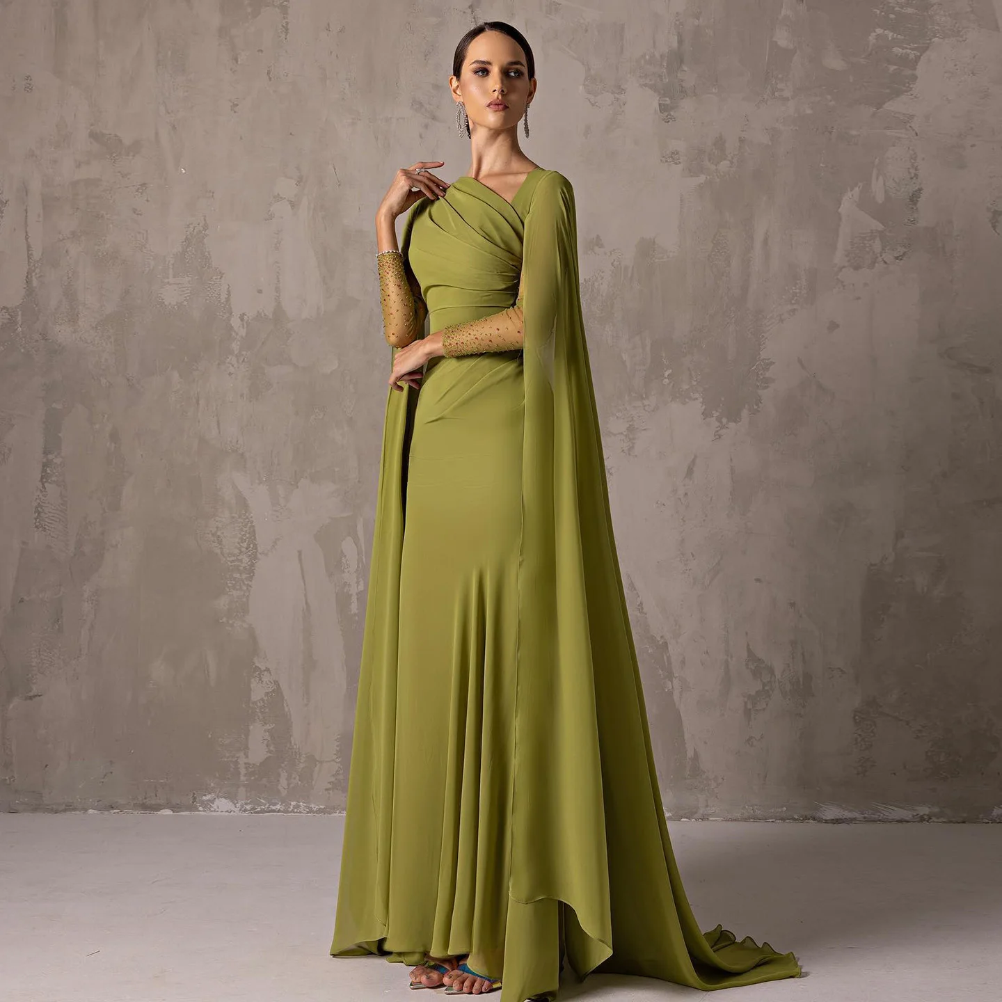 

Sharon Said Irregular Neck Sage Green Arabic فساتين سهرة with Cape Sleeves Beading Women Wedding Party Gowns SF051 Customized