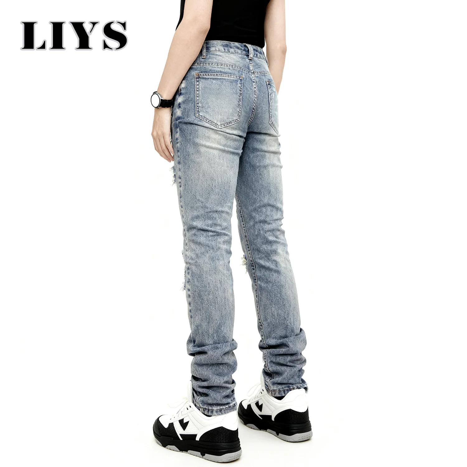 الرجال الأوروبية الأمريكية الرجعية مطاطا جينز ضيق للجنسين اليومية عادية نحيل الدينيم السراويل الأزرق ممزق مدبب الدينيم سروال شكل قلم رصاص #3