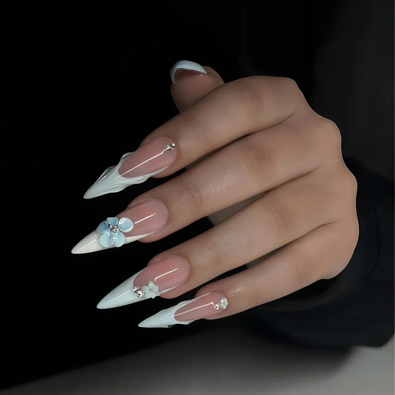 24 pieces of elongated ice transparent powder-shaped light blue three-dimensional engraved floral decorative manicure