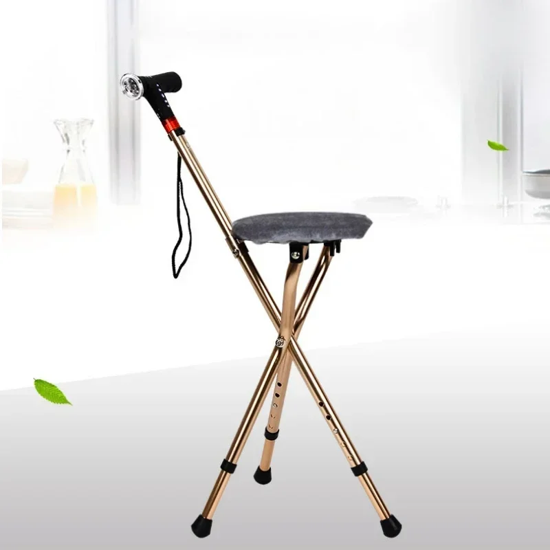 

Three-Legged Crutch Chair with Alarm - Non-Slip Walking Stick, Retractable Seat Cane, Adjustable Support, Folding Mobility Aid