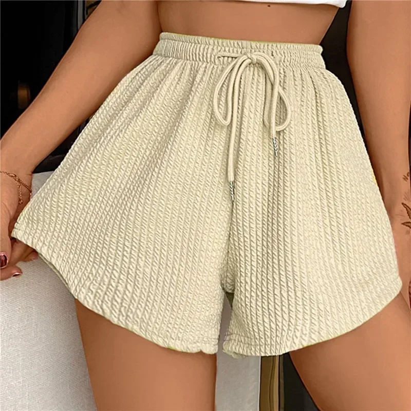 Women\'s Fashion Shorts Summer High Elastic Lace Up Drawstring Wide Leg Sweat Fitness Running Shorts Loose Casual Sports Pants