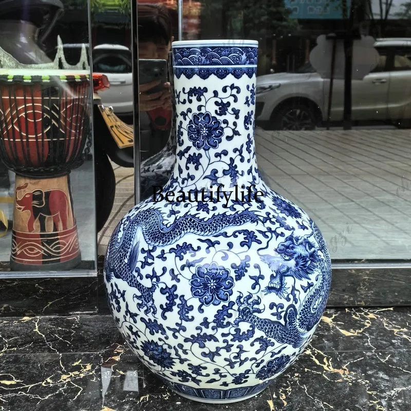 Ceramic floor-to-ceiling large vase, hand-painted blue and white porcelain tangled lotus, ball vase 56cm living room ornament