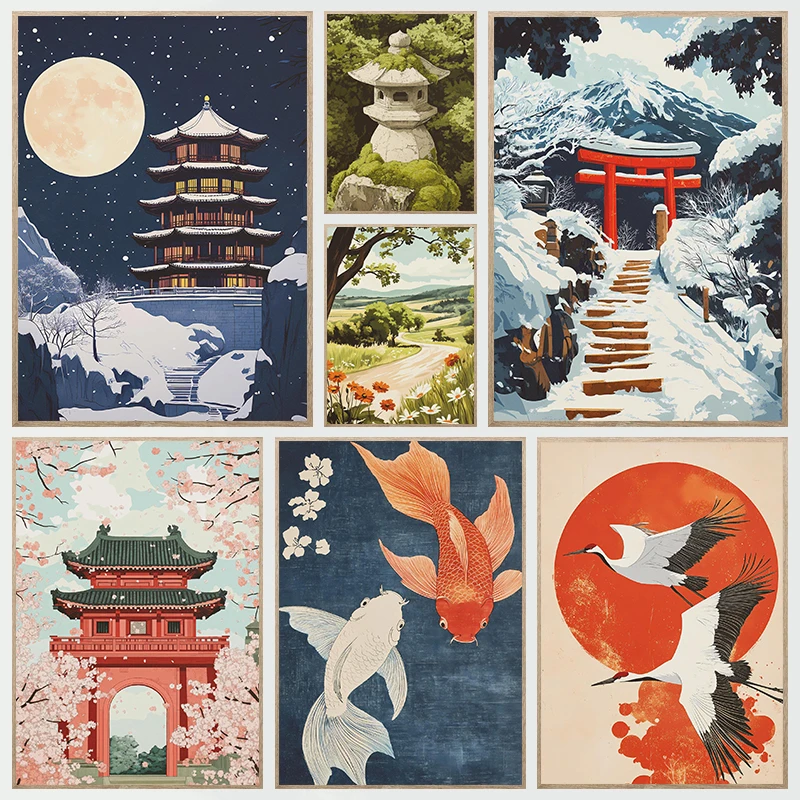 Image of Abstrakte japanische Kirschblütenmontage Fuji Schrein Cartoon Illustration Poster Leinwand Gemälde Wandkunst Bilder Home Decor