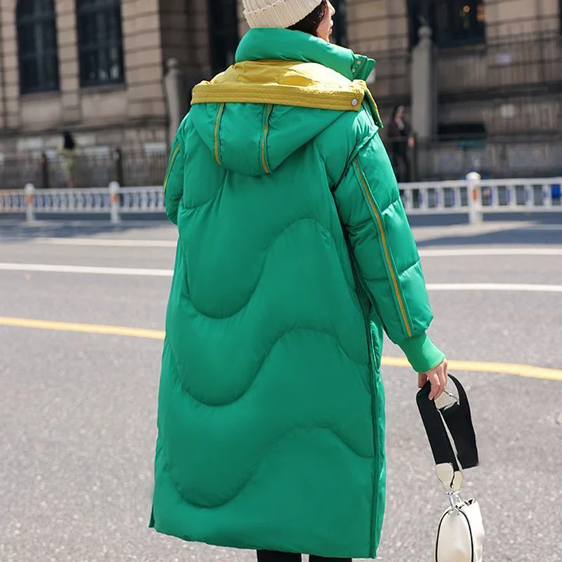 Hooded Patchwork Color Women Long Coat 2023 Winter Fashion Elegant Two Sides Wearing Parkas Female Loose Casual Warm Jacket