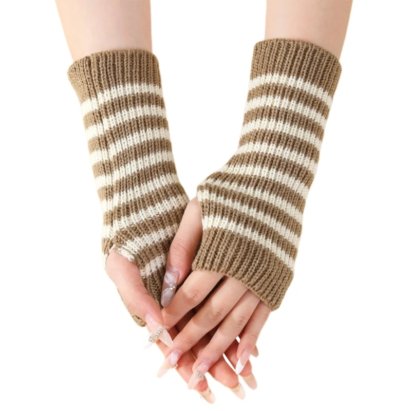 1pair Unisex Stripes Gloves Women Winter Mittens Fashionable Knitted Gloves K3KF