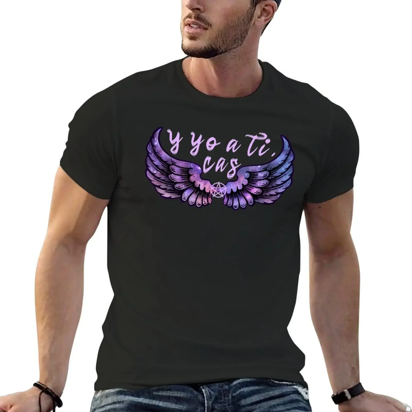 Destiel DeanCas Spanish Wings y yo a ti (Galaxy Version Pink) T-Shirt valentines boutique clothes topping T-shirt men