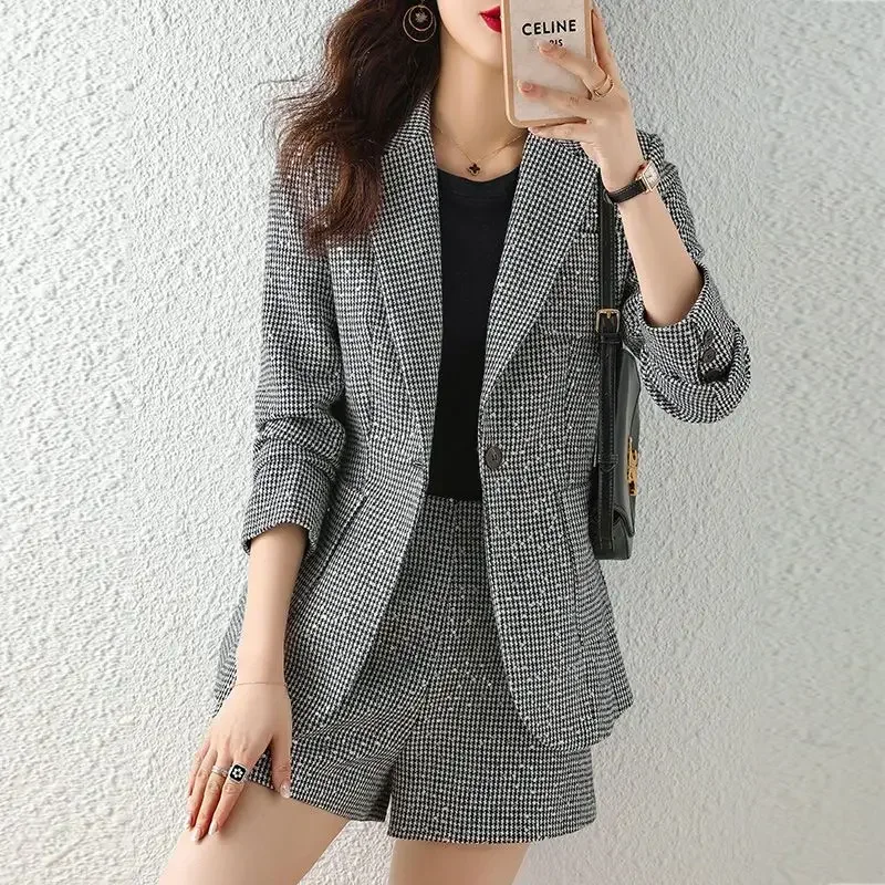 Womens Short Pants Set Business Plaid Clothes Classic Blazers and Shorts Suits for Women Chic Elegant Summer Suit With Full E84