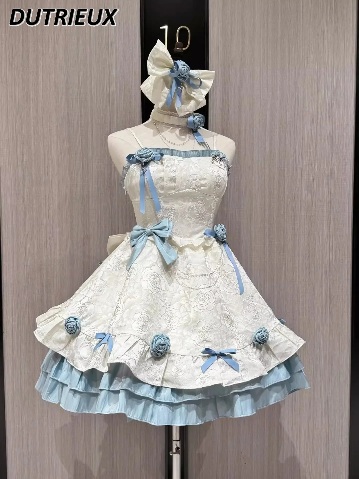 

Apricot Blue Color Matching Gothic Style Lolita Sleeveless Dress JSK Heavy Industry Tail Strap Princess Dresses for Women